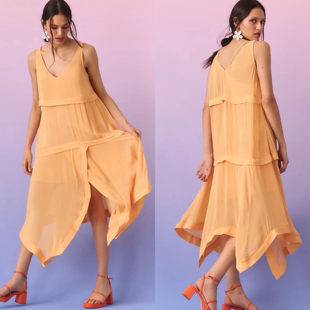 Anthropologie‎ Tiered Sheer Overlay Dress Orange Ruffle Shift Sleeveless Size XS